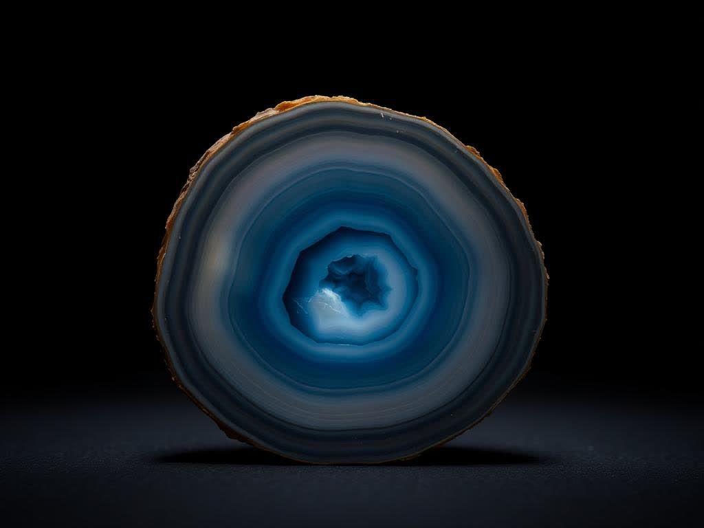 Sliced banded agate nodule glowing blue-grey on black