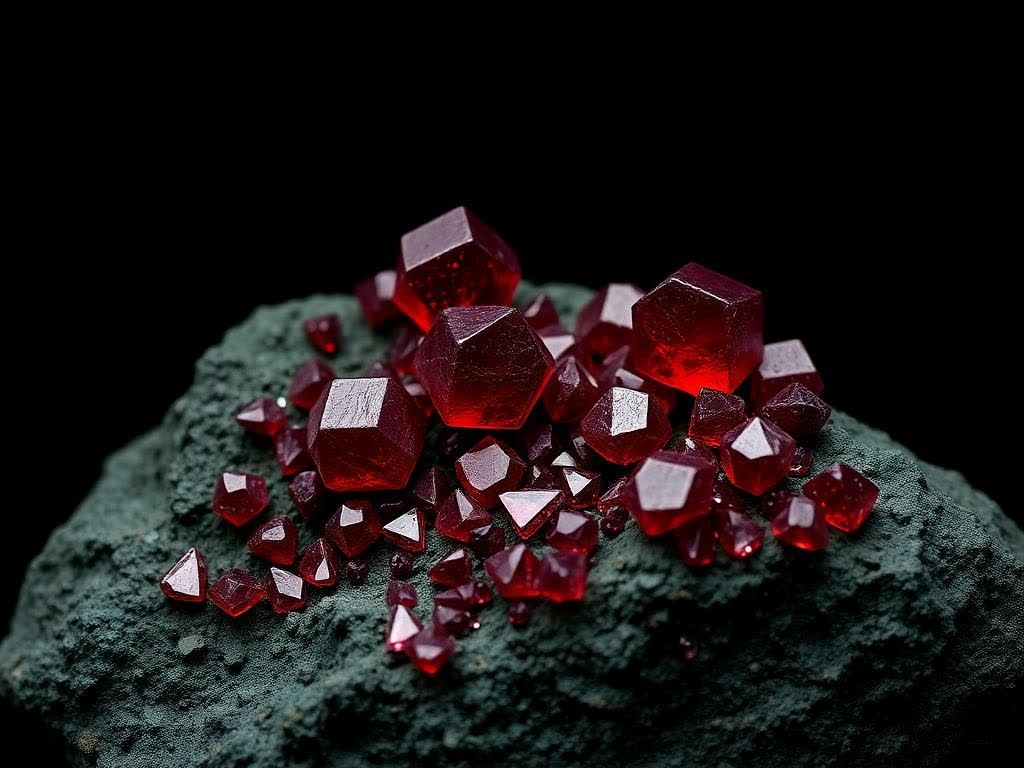 Deep red garnet crystals on dark schist matrix