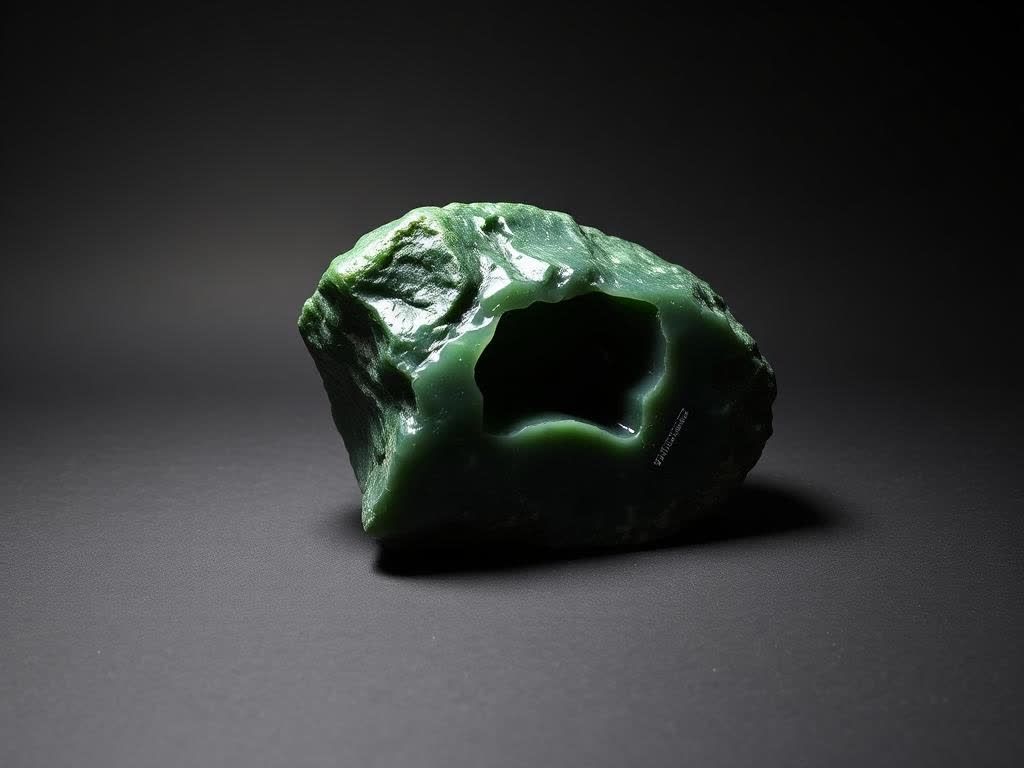 Rough nephrite jade boulder with a polished window, deep waxy green, on a black background