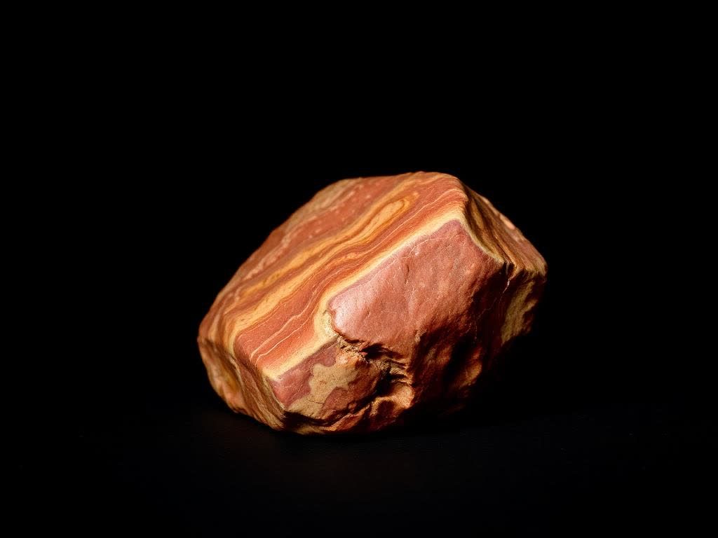 Polished brick-red and mustard jasper cobble with flowing bands on a black background