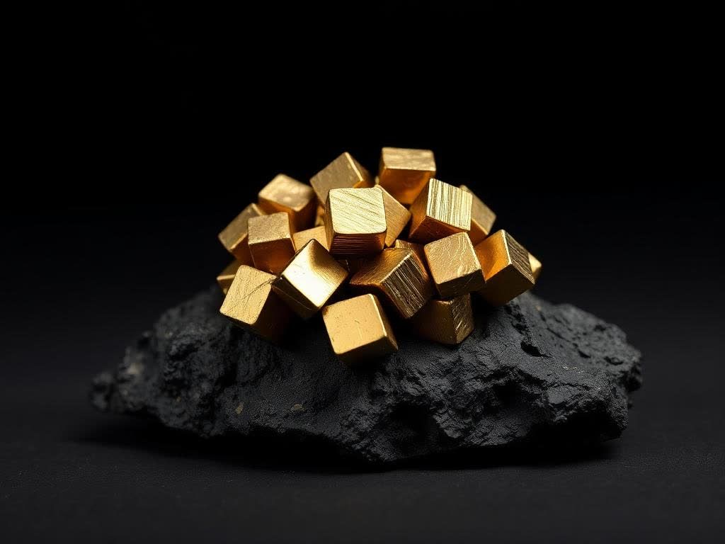 Brassy metallic pyrite cubes with striated faces clustered on dark rock matrix