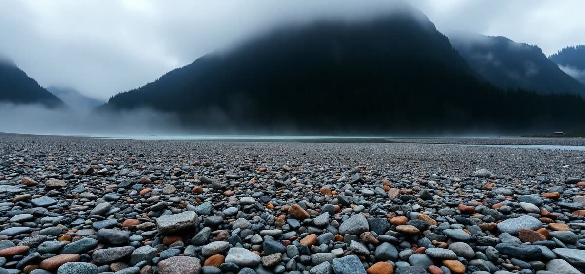 A misty British Columbia river gravel bar at dawn, wet multicoloured cobbles below dark mountains