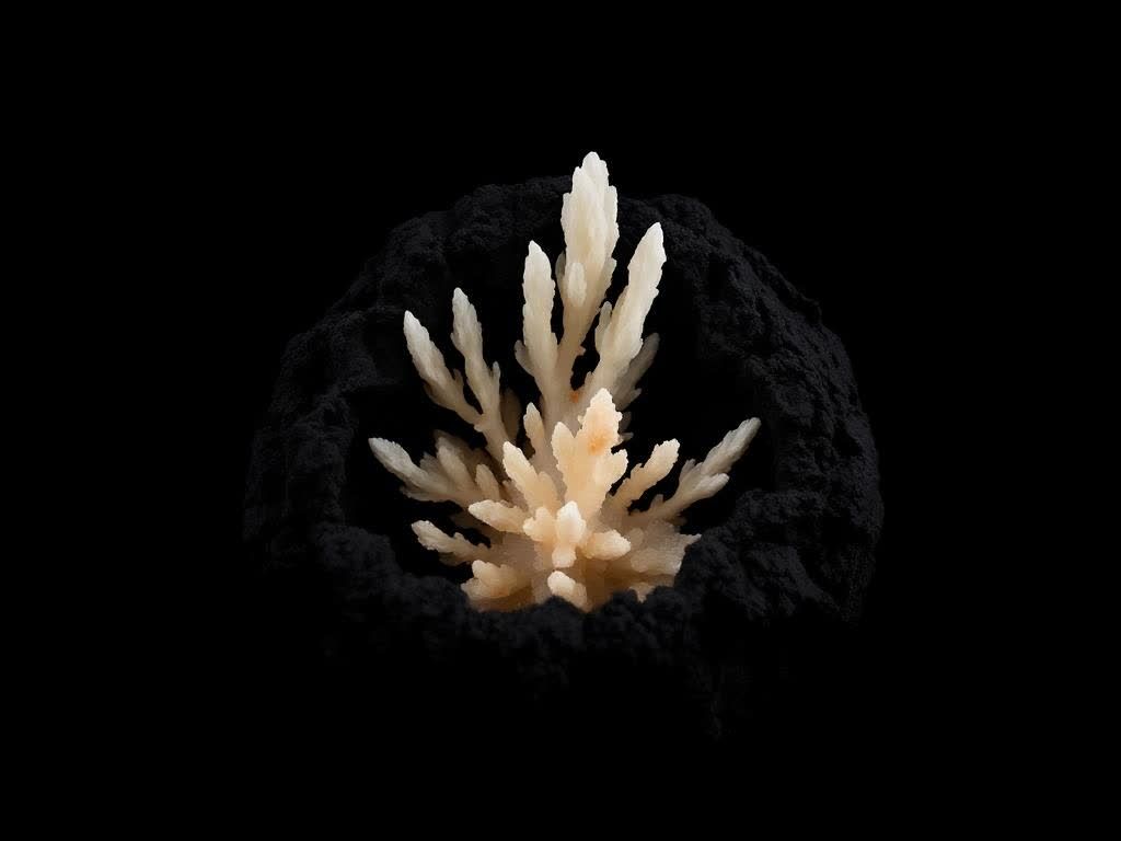 White zeolite crystal sprays inside a basalt vesicle